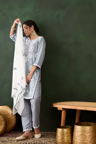 Grey rayon chikankari embroidery work work classy formal looks reaymade suit