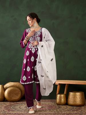 Magenta rayon chikankari embroidery work work classy formal looks reaymade suit 1