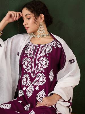 Magenta rayon chikankari embroidery work work classy formal looks reaymade suit 3