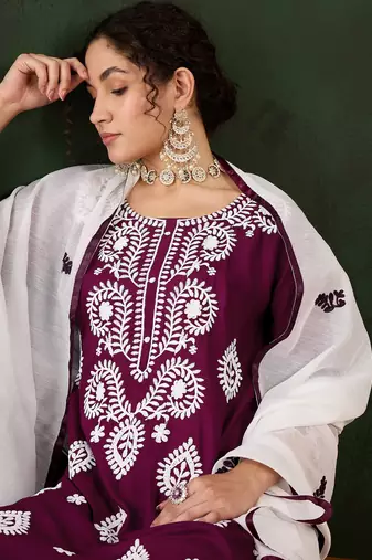 Magenta rayon chikankari embroidery work work classy formal looks reaymade suit