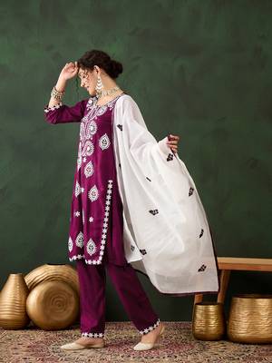 Magenta rayon chikankari embroidery work work classy formal looks reaymade suit 4
