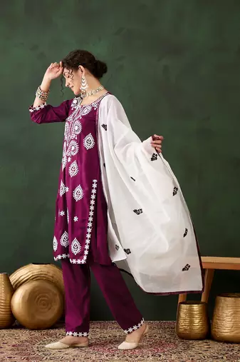 Magenta rayon chikankari embroidery work work classy formal looks reaymade suit