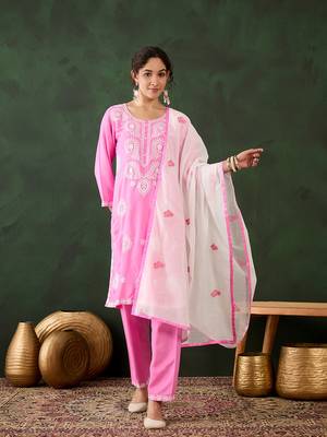 Pink rayon chikankari embroidery work work classy formal looks reaymade suit 1