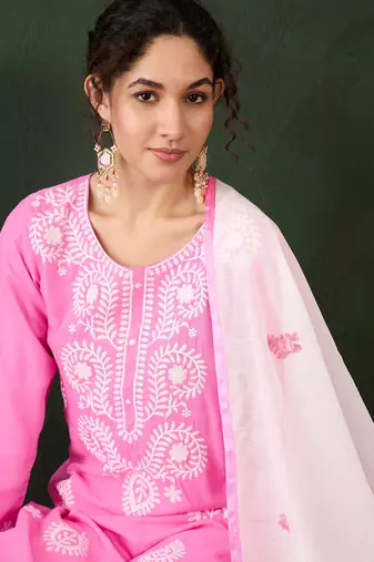 Pink rayon chikankari embroidery work work classy formal looks reaymade suit