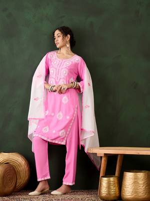 Pink rayon chikankari embroidery work work classy formal looks reaymade suit 4