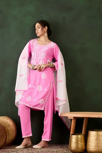 Pink rayon chikankari embroidery work work classy formal looks reaymade suit