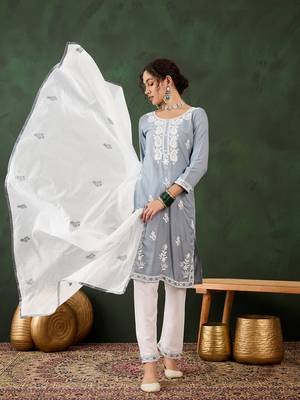 Grey rayon fabric ethnic chikankari embroidery work work readymade formal suit 1