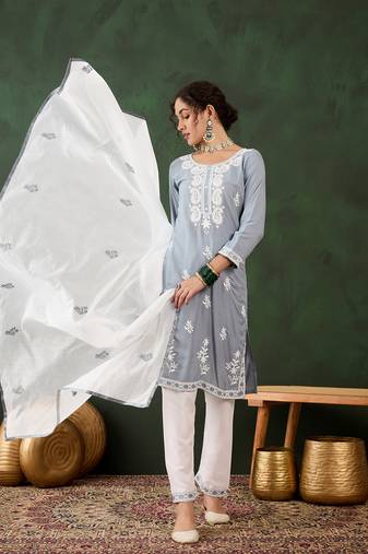 Grey rayon fabric ethnic designer chikankari embroidery work work readymade formal suit