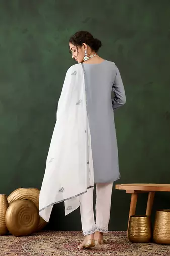 Grey rayon fabric ethnic chikankari embroidery work work readymade formal suit