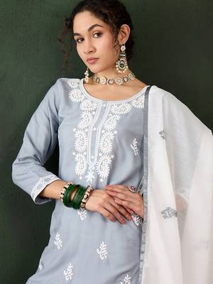Grey rayon fabric ethnic chikankari embroidery work work readymade formal suit 3