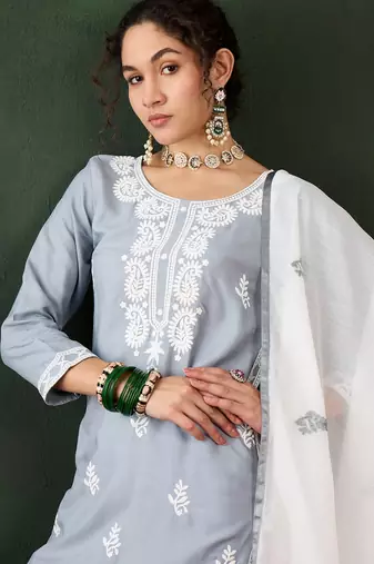 Grey rayon fabric ethnic chikankari embroidery work work readymade formal suit