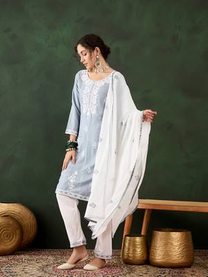Grey rayon fabric ethnic chikankari embroidery work work readymade formal suit 4