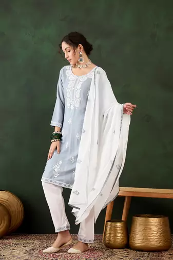 Grey rayon fabric ethnic chikankari embroidery work work readymade formal suit