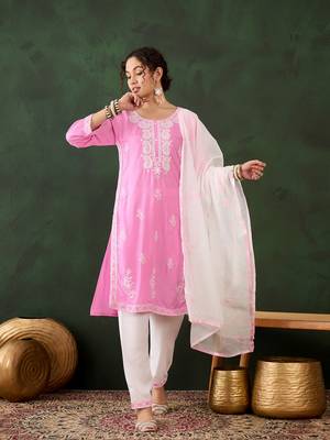 Pink rayon fabric ethnic chikankari embroidery work work readymade formal suit 1