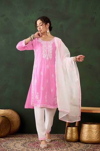 Pink rayon fabric ethnic designer chikankari embroidery work work readymade formal suit