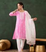 Pink rayon fabric ethnic designer chikankari embroidery work work readymade formal suit