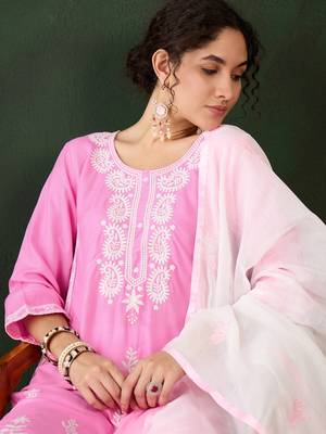 Pink rayon fabric ethnic chikankari embroidery work work readymade formal suit 3