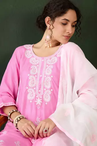 Pink rayon fabric ethnic chikankari embroidery work work readymade formal suit
