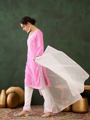 Pink rayon fabric ethnic chikankari embroidery work work readymade formal suit 4