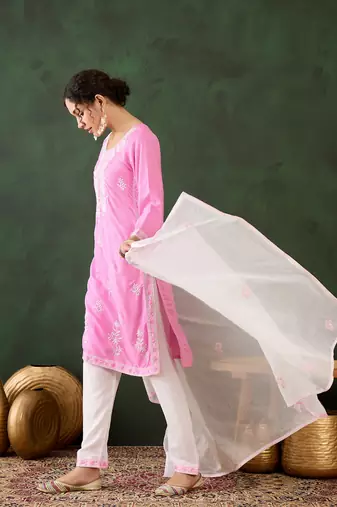 Pink rayon fabric ethnic chikankari embroidery work work readymade formal suit