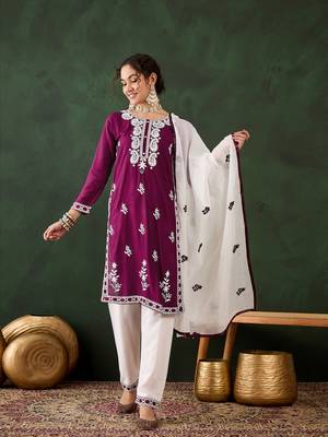 Purple rayon fabric ethnic chikankari embroidery work work readymade formal suit 1