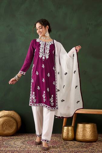 Purple rayon fabric ethnic designer chikankari embroidery work work readymade formal suit