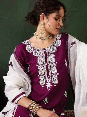 Purple rayon fabric ethnic chikankari embroidery work work readymade formal suit 3