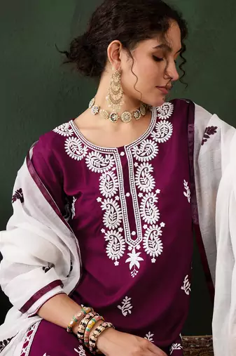 Purple rayon fabric ethnic chikankari embroidery work work readymade formal suit