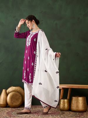 Purple rayon fabric ethnic chikankari embroidery work work readymade formal suit 4
