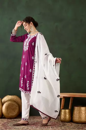 Purple rayon fabric ethnic chikankari embroidery work work readymade formal suit