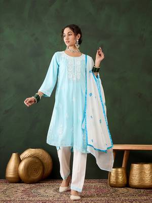 Sky blue rayon fabric ethnic chikankari embroidery work work readymade formal suit 1