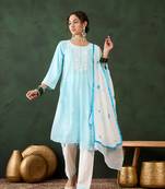 Sky blue rayon fabric ethnic chikankari embroidery work work readymade formal suit