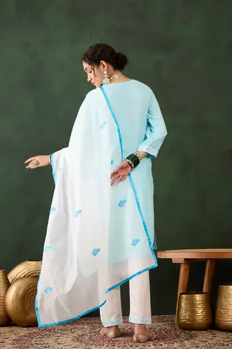 Sky blue rayon fabric ethnic chikankari embroidery work work readymade formal suit