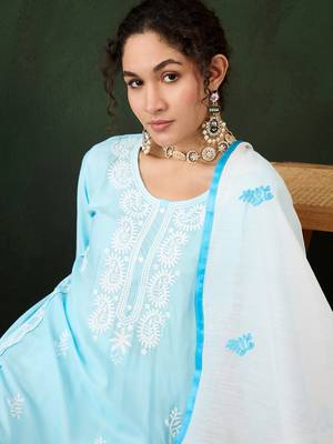Sky blue rayon fabric ethnic chikankari embroidery work work readymade formal suit 3