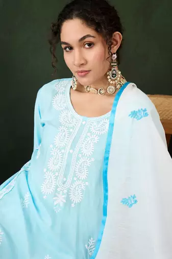 Sky blue rayon fabric ethnic chikankari embroidery work work readymade formal suit
