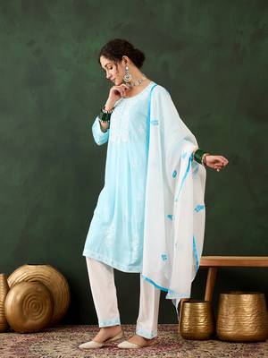 Sky blue rayon fabric ethnic chikankari embroidery work work readymade formal suit 4