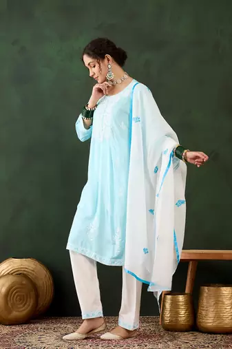 Sky blue rayon fabric ethnic chikankari embroidery work work readymade formal suit