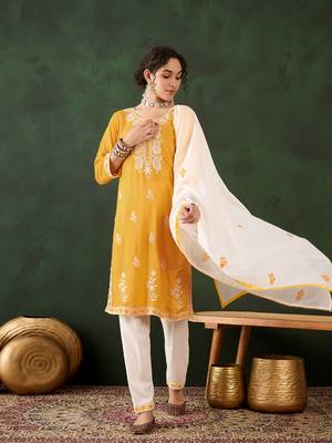 Yellow rayon fabric ethnic chikankari embroidery work work readymade formal suit 1