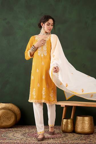 Yellow rayon fabric ethnic designer chikankari embroidery work work readymade formal suit
