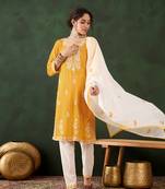 Yellow rayon fabric ethnic designer chikankari embroidery work work readymade formal suit