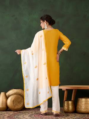Yellow rayon fabric ethnic chikankari embroidery work work readymade formal suit 2