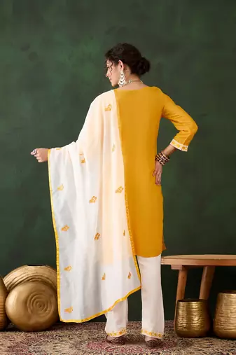 Yellow rayon fabric ethnic chikankari embroidery work work readymade formal suit