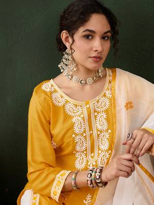 Yellow rayon fabric ethnic chikankari embroidery work work readymade formal suit 3