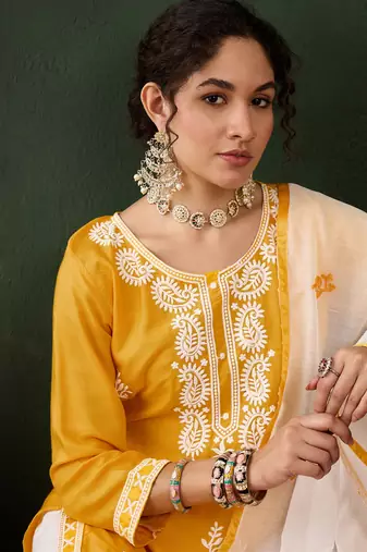 Yellow rayon fabric ethnic chikankari embroidery work work readymade formal suit
