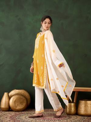 Yellow rayon fabric ethnic chikankari embroidery work work readymade formal suit 4