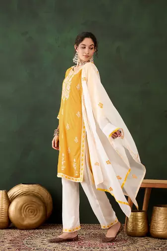 Yellow rayon fabric ethnic chikankari embroidery work work readymade formal suit
