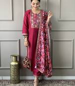 Pink viscose chanderi designer embroidery work with printed ethnic ceremonial salwar kameez