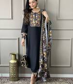 Black viscose chanderi designer embroidery work with printed ethnic ceremonial salwar kameez