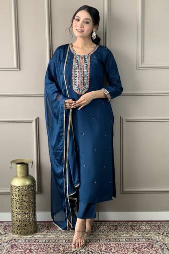 Blue viscose chanderi designer embroidery work ethnic ceremonial salwar kameez