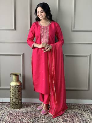 Pink viscosee chanderi embroidery work ethnic ceremonial salwar kameez 1